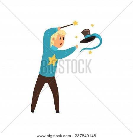 Illusionist Performing Focus With Cylinder Hat. Magician Showing Trick Using Magic Stick. Cartoon Ma