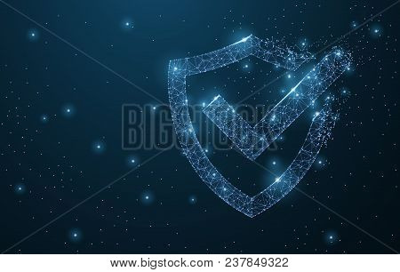 Check Mark On Shield . Polygonal Wireframe Mesh Art Looks Like Constellation On Dark Blue Night Sky 