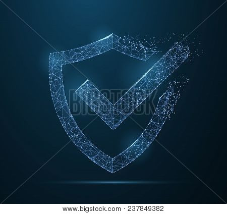 Check Mark On Shield . Polygonal Wireframe Mesh Art Looks Like Constellation On Dark Blue Night Sky 