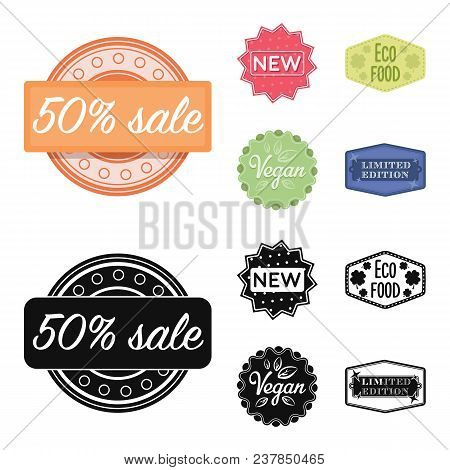 Percentage Sale, New, Eco Food, Vegan.label, Set Collection Icons In Cartoon, Black Style Vector Sym