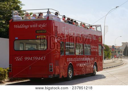 May 2, 2014: A Photograph Of English Tourists Sitting In A Double-decker Bus On The Island Of Cyprus