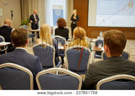 MOSCOW, RUSSIA - OCT 19, 2017: People in auditorium during Compliance Case Forum 2017 in Hilton Garden hotel.