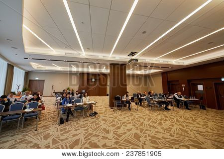 MOSCOW, RUSSIA - OCT 19, 2017: Participants of Compliance Case Forum 2017 in Hilton Garden hotel in auditorium. The organizer was the company Business Summit of Future.