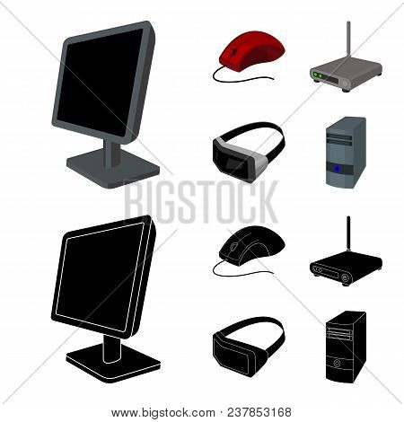 Monitor, Mouse And Other Equipment. Personal Computer Set Collection Icons In Cartoon, Black Style V