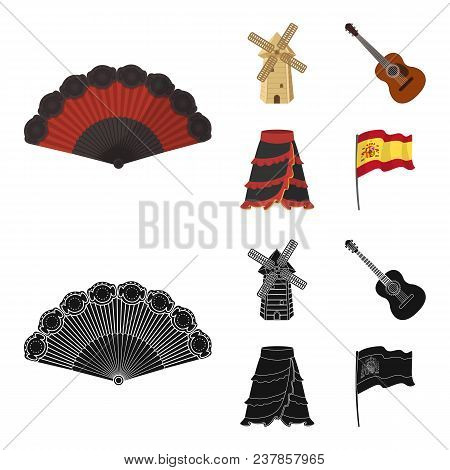 Fan Spanish, Mill, Guitar, Skirt For National Spanish Dances. Spain Country Set Collection Icons In 