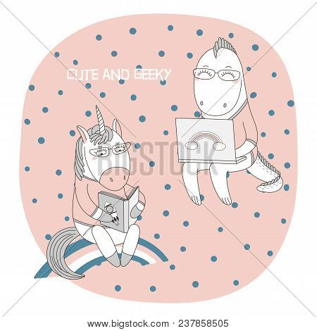 Hand Drawn Vector Illustration Of A Cute Funny Cartoon Unicorn Reading A Book, Dragon In Glasses, Ho