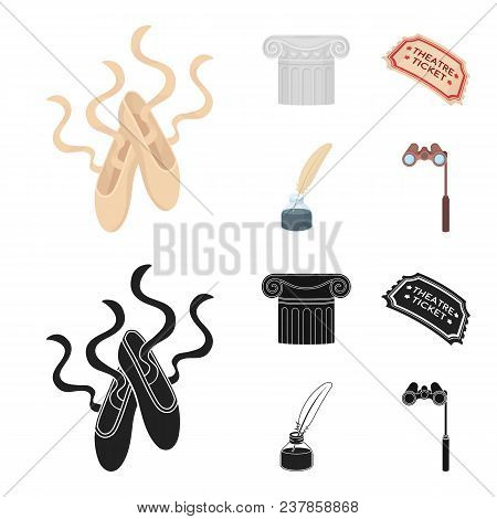 Pointe Shoes, Column, Theater Ticket, Inkwell With Feather. Theater Set Collection Icons In Cartoon,