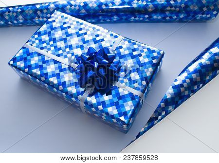 Bright Blue Gift Box With Silber Ribbon Bow