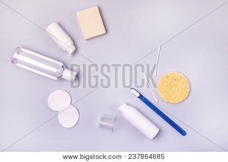 Morning Clean Concept Oral Cavity Teeth Toothbrush Cream Cotton Buds Cotton Sponge Top View Flat Lay