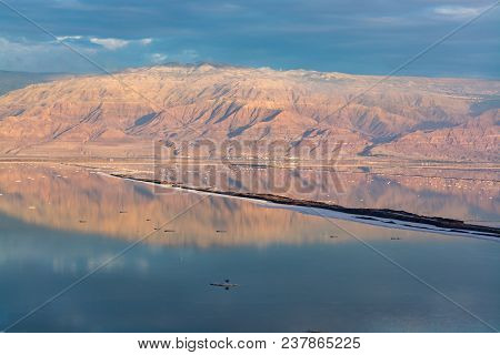 Sunset Over Lowest Salty Lake In World Below Sea Level Dead Sea, Full Of Minerals Near Luxury Vacati