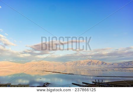 Sunset Over Lowest Salty Lake In World Below Sea Level Dead Sea, Full Of Minerals Near Luxury Vacati