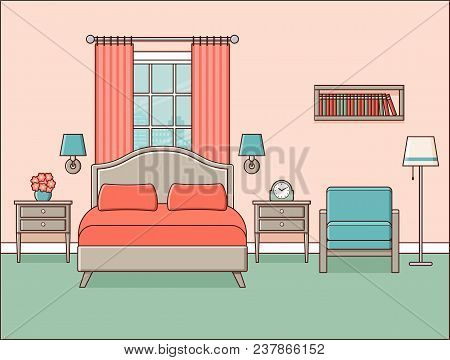 Bedroom Interior. Hotel Room. Vector. Retro Home Space In Line Art Flat Design With Bed, Window And 