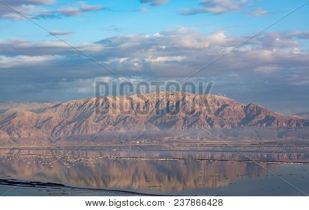 Sunset Over Lowest Salty Lake In World Below Sea Level Dead Sea, Full Of Minerals Near Luxury Vacati
