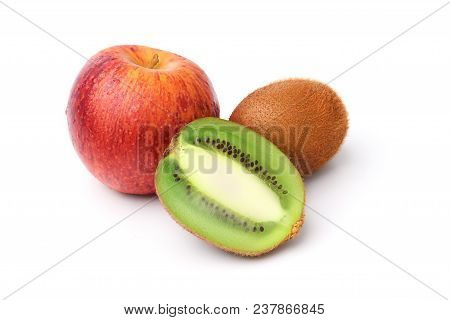 Red Apple And Kiwi In A Cut Isolated On A White Background, Vegetarianism