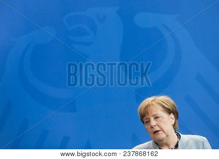 Berlin, Germany - Apr. 10, 2018: Chancellor Of The Federal Republic Of Germany Angela Merkel During 