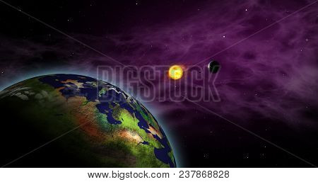 Earth-like Exoplanet In Foreign Solar System With Sun Star. Distant Cosmos Exploration. Planets, Moo