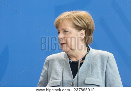 Berlin, Germany - Apr. 10, 2018: Chancellor Of The Federal Republic Of Germany Angela Merkel During 