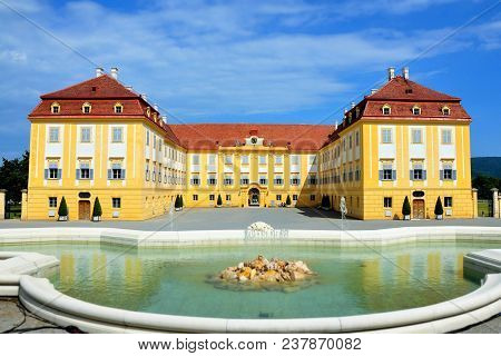 Schlosshof Palace In Sunny Day With Blue Sky, Austrian Castle Hof In Lower Austria.