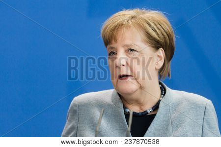 Berlin, Germany - Apr. 10, 2018: Chancellor Of The Federal Republic Of Germany Angela Merkel During 