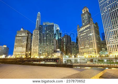 Buildings On Wacker Drive On The Shore Of Chicago River, Chicago, Illinois, Usa