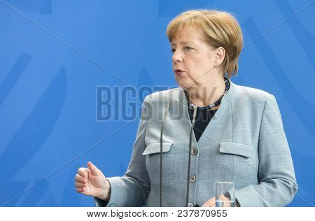 Berlin, Germany - Apr. 10, 2018: Chancellor Of The Federal Republic Of Germany Angela Merkel During 