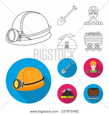 A Shovel, A Miner, An Entrance To A Mine, A Trolley With Coal.mine Set Collection Icons In Outline, 