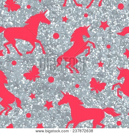 Seamless Pattern With Unicorns And Silver Glitter Texture.