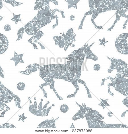 Seamless Pattern With Unicorns And Silver Glitter Texture.