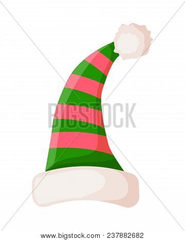 Elf Striped Hat With White Rim Isolated. Winter Fur Woolen Cap With Pompom On Top. Santa Claus Warm 