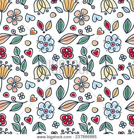 Spring And Summer Tile Ornament. Scandinavian Style. Cute Cartoon Vector. Twigs, Leaves And Flowers.
