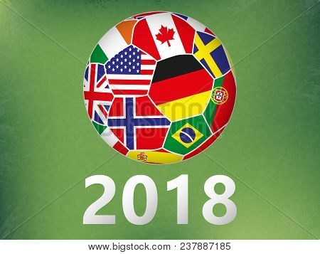 Soccer Ball With Flags Any Countries On Abstract Green Background. Football World. Realistic Style. 