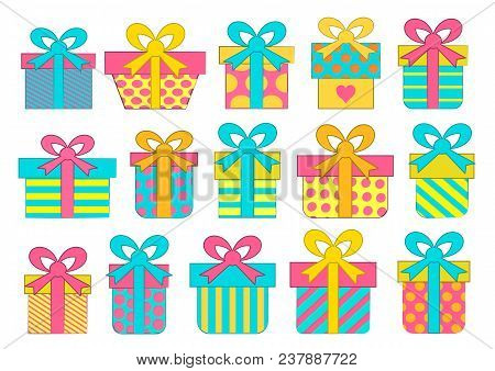 Set Of Colorful Vector Gift Boxes With Bows And Ribbons.