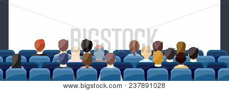 People Sit Cinema Hall Back Rear View Looking Ar Screen With Copy Space. Vector Illustration In Flat