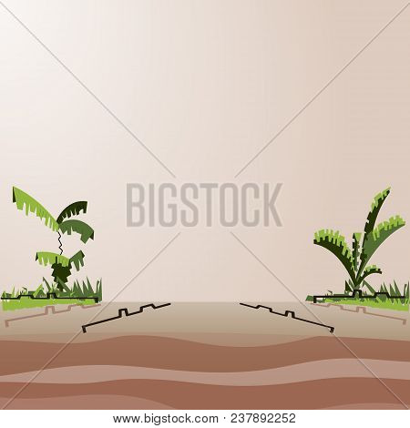 The Road Is Far Off The Horizon. Stylized Palm Trees Grow Along The Road. For Catalogs, Information,