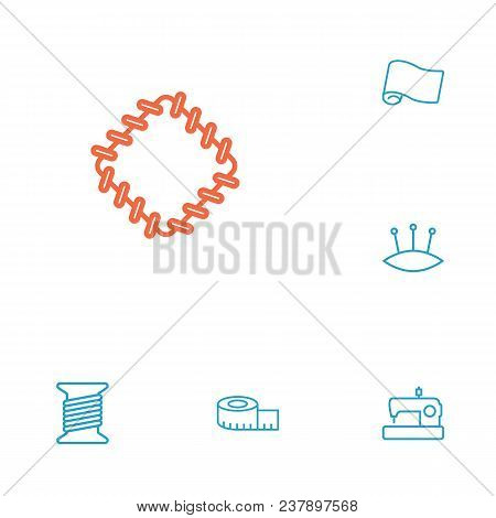 Set Of 6 Stitch Icons Line Style Set. Collection Of Spool, Pins, Meter And Other Elements.
