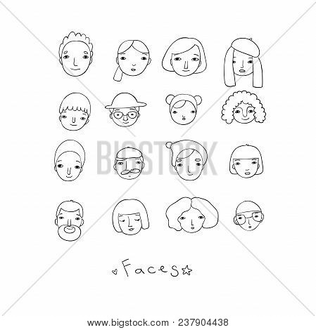 Different Faces. Hand Drawing Isolated Objects On White Background. Vector Illustration.