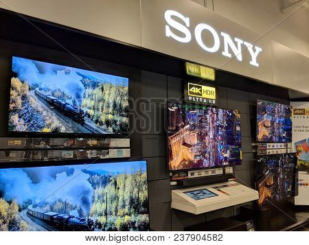 Honolulu - December 14, 2017: Sony Logo And Tv Display Inside Best Buy Store.  Sony Corporation Is A