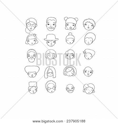 Different Faces. Hand Drawing Isolated Objects On White Background. Vector Illustration.