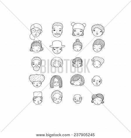 Different Faces. Hand Drawing Isolated Objects On White Background. Vector Illustration.