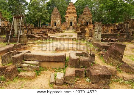 Siem Reap, Cambodia - August 10, 2008: Exterior Of The Ruins Of The Preah Ko Temple In Siem Reap, Ca