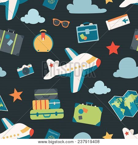 Vector Air Travel Navy Seamless Pattern Background. Surface Pattern Design Perfect For Fabric, Acces
