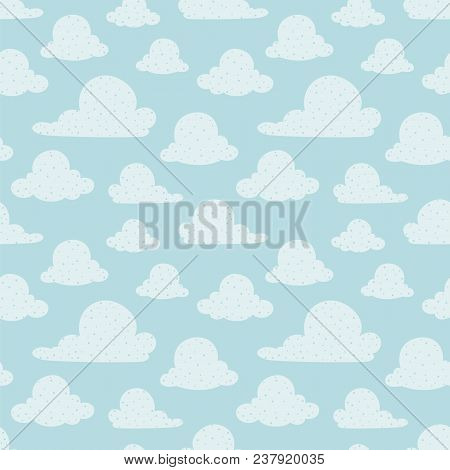 Vector Light Blue Clouds Seamless Pattern Background. Surface Pattern Design Perfect For Kids, Fabri