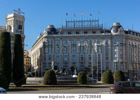 Madrid, Spain - January 22, 2018: Neptuno Fountain In City Of Madrid, Spain