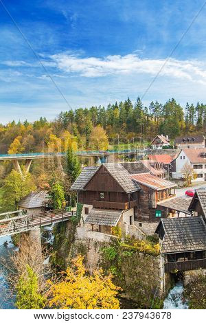 Village Of Rastoke Near Slunj In Croatia, Old Water Mills On Waterfalls Of Korana River, Beautiful C