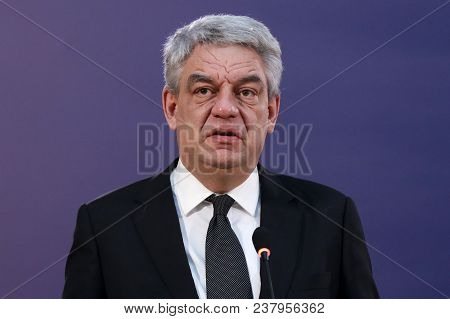 Belgrade, Serbia - 9 December 2017: Romanian Prime Minister Mihai Tudose Talks To The Media At A Pre