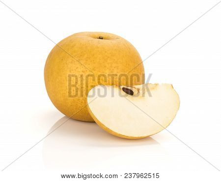 One Chinese Golden Pear With A Slice Nashi Variety Isolated On White Background