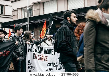 Strasbourg, France  - Mar 22, 2018: Crowd From Jean Monet Lyceum Students At Demonstration Protest A