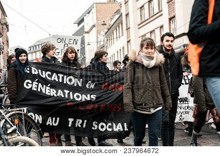 Strasbourg, France  - Mar 22, 2018: Group Of Education Generation By Students With Demonstration Pro