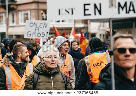 Strasbourg, France  - Mar 22, 2018: People With Placards At Demonstration Protest Against Macron Fre