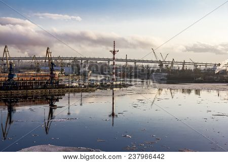 Saint-petersburg.russia.6 April 2018. Cranes  And Ships In The Marine Cargo Port Of Saint-petersburg